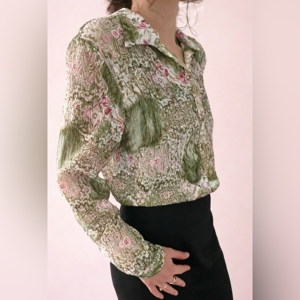 Vintage Sheer Floral Paisley Blouse Olive Pink  Romantic + Bonus Gift